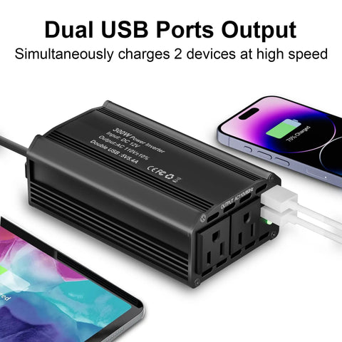 Keep Your Gear Juiced While You Cruise Down The Pavement With This Badass 300W Power Inverter Car Adapter with dual USB ports.