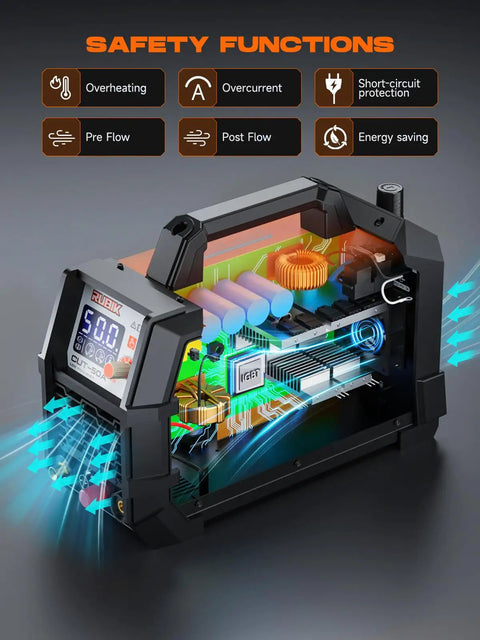 Dual Voltage Plasma Cutter 50 Amp For Home Workshop 110 to 220 Volt With Three Quarter Inch Cutting Capacity And One Half Inch Clean Cut LCD Display Non Touch Pilot Arc 2T 4T Cutting Modes showing internal components.