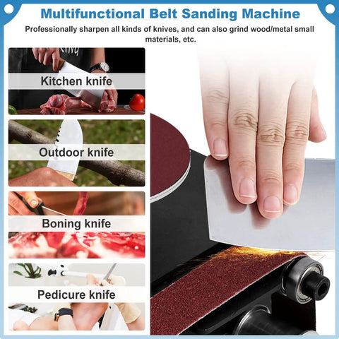 Topshelf Mini Belt And Disc Sander Combo Featuring Independent Dual Motor Controls, Four Inch Grinding Pad, And Quick Swap Belt Sander Hitting Eight Grand Rpm for sharpening various knives.