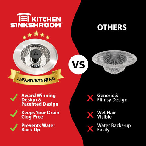 Comparison showing Clog Free Stainless Steel Sink Strainer With Raised Center Cylinder on left and generic strainer on right, highlighting features.