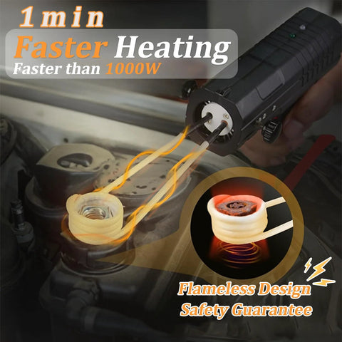 Induction bolt heater tool, handheld black device with four coils and orange wires heating a fastener.