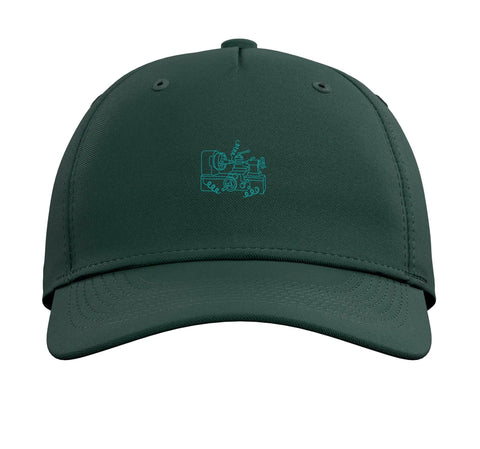 Cool Dark Green Vise Gauge Square Machinist Hat For Men, Adjustable Five Panel Structured Baseball Cap front view with logo.