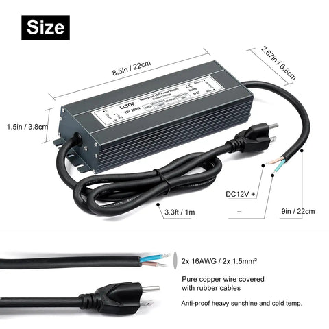Heavy Duty Low Voltage Transformer 200W IP67 Waterproof LED Driver Power Supply 90-130V AC To 12V DC 16.7A with plug and cords