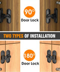 Compact 90 180 Degree Sliding Door Latch, showing two installation types, left and right options, black zinc alloy, for secure doors.
