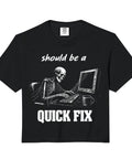 Funny Code Skeleton Crop Top For IT Pros And Software Developers Boxy Fit Soft Washed Tech Humor Shirts with graphic of skeleton coding.
