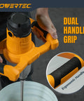 Close-up of Electric Mortar Mixer Dual Handheld Design 1600W High Torque Two Speed Gearbox in use with ergonomic handle detail