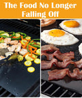 Nonstick Grill Mats Set Of 5 For Outdoor BBQ Grilling Reusable Teflon Mats For Gas Charcoal And Electric Grills 15.75 By 13 Inches Helps Prevent Food From Falling Through Grates Ideal For Burgers Veggies Eggs Pancakes with veggies and bacon on grill