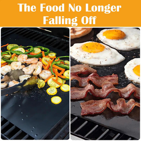 Nonstick Grill Mats Set Of 5 For Outdoor BBQ Grilling Reusable Teflon Mats For Gas Charcoal And Electric Grills 15.75 By 13 Inches Helps Prevent Food From Falling Through Grates Ideal For Burgers Veggies Eggs Pancakes with veggies and bacon on grill