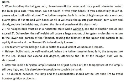 Instruction manual for installing and handling J Type T3 118mm 500W Halogen Bulbs Pack Of 5 R7S Base 120V, emphasizing careful use.
