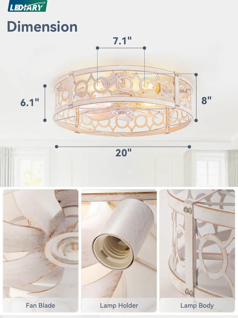 Dimensions of 20Inch Caged Low Profile Ceiling Fan With Integrated Light And Remote Control In Refined White Gold Finish.