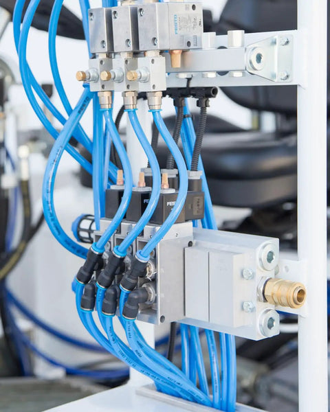 All In One 1/8 Inch Air Line Tubing Kit With 32.8 Ft 10 M PA Nylon Air Hose Cutter Teflon Tape and push fittings installed in system.