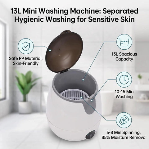 Level Up Your Laundry Routine With This Lowkey Essential 13L Mini Underwear Washing Machine For Socks And Baby Garments Hygienic Desk Sanitary Spin Dryer Safe Gentle Touch Zero Hassle showing a compact design with a lid open.