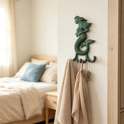 Premium Cast Iron Mermaid Wall Hook With Solid Metal Finish, 6.3in tall, holding towels and keys in a cozy bedroom.