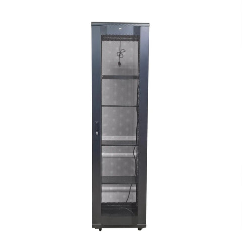 48U Server Rack Cabinet With Vented Top Cover And Two Adjustable Shelves For Networking Gear, black mesh steel design.