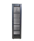 Solid Build 48U Server Cabinet Rack With Top Vents And Two Shelves Secure Locking Doors For IT Networking Gear, front view with mesh design.