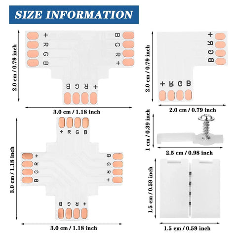 Size chart for 4 Pin LED Strip Connectors Set With Screw Clips Cuttable T L And X Shape PCBs For SMD 5050 10mm RGB LED Strips.