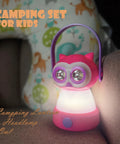 2-In-1 Kids Owl Lantern And Headlamp Set, pink design illuminating a bedroom, 360 Degree LED Night Light For Camping