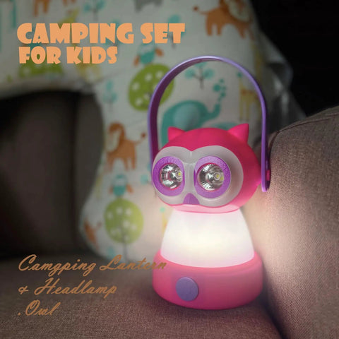 2-In-1 Kids Owl Lantern And Headlamp Set, pink design illuminating a bedroom, 360 Degree LED Night Light For Camping