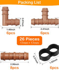 Packaging of Durable 26 Piece Irrigation Fittings Kit For One Half Inch Tubing With Eight Couplings Six Tees Six Elbows Six End Cap Plugs Barbed Connectors For Drip And Sprinkler Systems Great Value For DIY Lawn And Garden Watering.