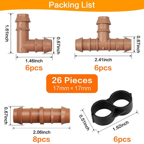 Packaging of Durable 26 Piece Irrigation Fittings Kit For One Half Inch Tubing With Eight Couplings Six Tees Six Elbows Six End Cap Plugs Barbed Connectors For Drip And Sprinkler Systems Great Value For DIY Lawn And Garden Watering.