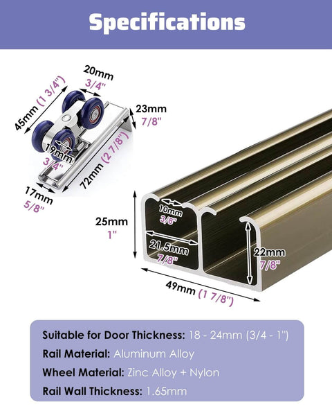 Double Rails Cabinet Closet Door Hardware Kit With Ceiling Or Wall Mount Bypass Sliding Panel And Rollers, Champagne Finish