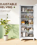 Badass Heavy Duty Metal Storage Cabinet With Two Doors And Four Expansive Shelves, Slick White Farmhouse Pantry Organizer For Kitchen, Garage Or Basement Area featuring adjustable shelves holding various items.