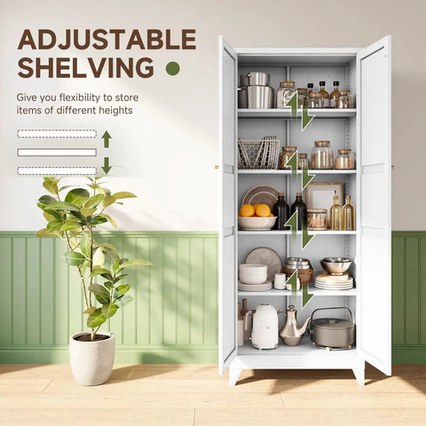 Badass Heavy Duty Metal Storage Cabinet With Two Doors And Four Expansive Shelves, Slick White Farmhouse Pantry Organizer For Kitchen, Garage Or Basement Area featuring adjustable shelves holding various items.