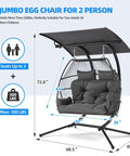 Oversized Double Hanging Swing Chair With Removable Canopy And Cushion, seats 2, supports 500 lbs, shown with dimensions