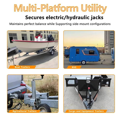 Universal Trailer Tongue Jack Relocation Kit With Bolt On Bracket For 3 Bolt And A Frame Jacks No Weld Install Tailgate Clearance Heavy Duty Powder Coated Mounting Kit For RVs Boats And Trailers shown on various trailer types.
