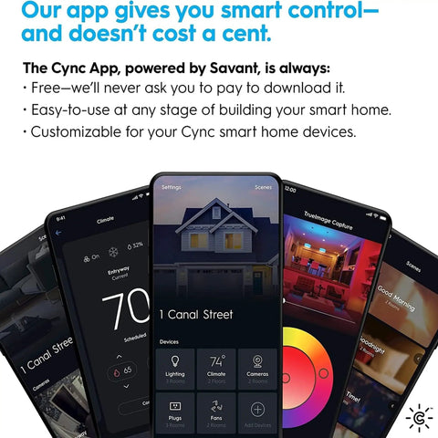Screenshot of Cync App interface showing smart home controls for 1 Canal Street with customizable settings for Cync devices.