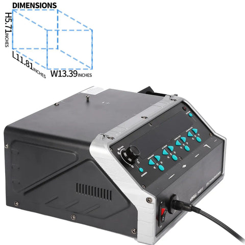 All-In-One Micro Soldering And Hot Air Rework Station with control panel, showing dimensions H5.71, W13.39, L11.81 inches.