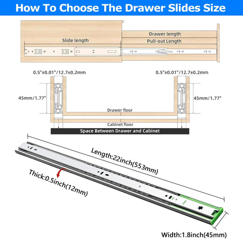 Diagram of Soft Close Drawer Slides 22 Inch, 10 Pairs With Brackets, showing dimensions and installation for kitchen and bedroom cabinets.