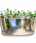 Armored XL Insulated Beverage Tub For Parties, Double Wall Stainless Steel Ice Bucket, filled with bottles and ice