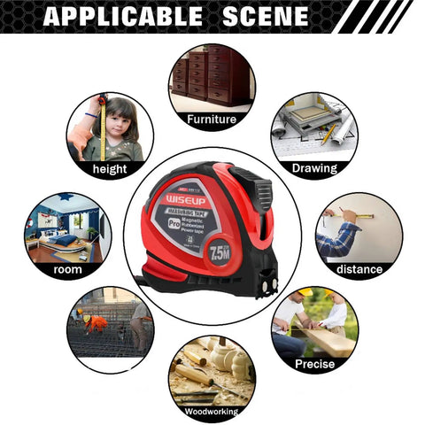 Industrial Magnetic Tape Measure with Fractions 1/8 and Metric, Auto Lock, True Zero Hook, Belt Clip shown with various uses