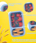 Blue two compartment reusable snack container with lid, holding tomatoes and pretzels. Made from wheat straw, eco-friendly.