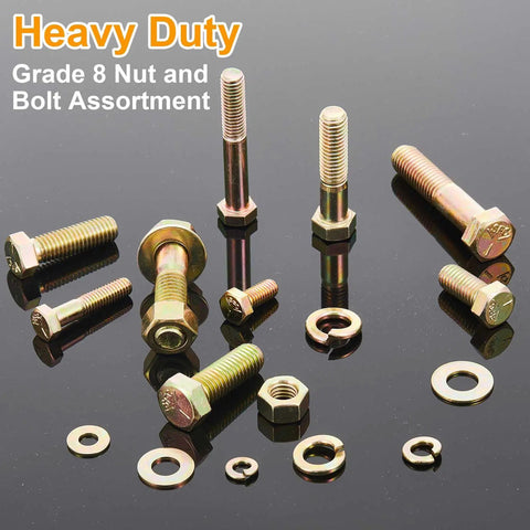 Top Shelf Grade 8 Bolt And Nut Assortment With Zinc Yellow Fasteners Flat Lock Washers Heavy Duty Hardware Kit with assorted bolts and nuts.