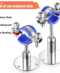 Two 304 stainless steel wall/ceiling pipe clamp mounts with blue jaws and flange bases.