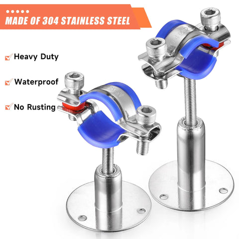 Two 304 stainless steel wall/ceiling pipe clamp mounts with blue jaws and flange bases.