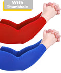 Red and blue Unisex UV Protection Arm Sleeves Set 12 Pairs Long Cooling Cover For Outdoor Adventures, with thumbhole, shown on arms.