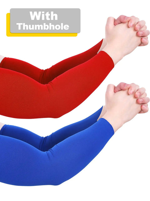 Red and blue Unisex UV Protection Arm Sleeves Set 12 Pairs Long Cooling Cover For Outdoor Adventures, with thumbhole, shown on arms.
