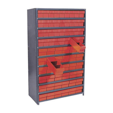 Rock Solid Steel Shelving Unit With Seventy Two Hella Tough Euro Drawers For Heavy Duty Shop Parts Storage And Dust Free Industrial Organizing, Red Finish, featuring open and closed drawers.