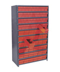 Rock Solid Steel Shelving Unit With Seventy Two Hella Tough Euro Drawers For Heavy Duty Shop Parts Storage And Dust Free Industrial Organizing, Red Finish, featuring open euro drawers.