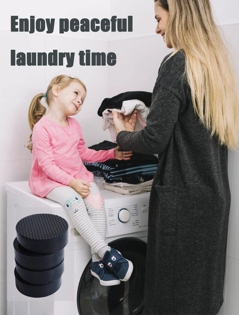 RUDUOMA four-piece rubber anti-vibration pads for washing machines; stabilizer feet shown beside front-loading washer.
