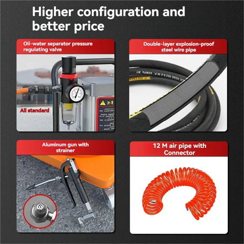 Image showcasing Heavy Duty Pneumatic Grease Gun 6000 Psi High Pressure Oil Injector assembly parts, including aluminum gun and air pipes.