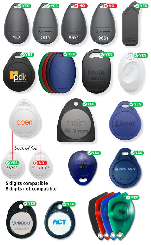 Variety of RFID key fobs and cards for 125kHz access systems, compatible with RFID Duplicator For 125kHz Key Fobs And Cards Copy Up To Four Access Badges Into A Rewritable Fob Emulate Credentials
