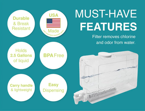 Filtered Water Dispenser Two And A Half Gallon BPA Free Plastic Beverage Dispenser With Spigot And Filter Keeps Water Cold In The Fridge Removes Chlorine And Odor For Better Tasting Water And Easy Refill