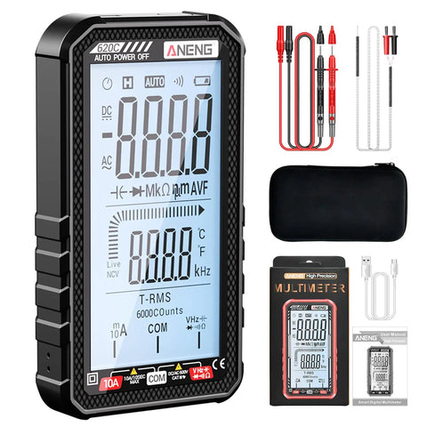 Smart Digital Multimeter With 6000 Counts And Auto Ranging For Pros And DIYers, showing screen display and accessories.