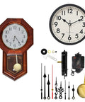 DIY Dope Quartz Clock Movement Kit With Pendulum Mechanism and three pairs of hands for repairs shown with clock components.