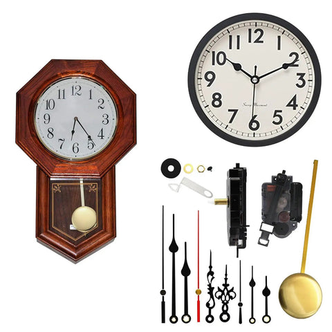 DIY Dope Quartz Clock Movement Kit With Pendulum Mechanism and three pairs of hands for repairs shown with clock components.