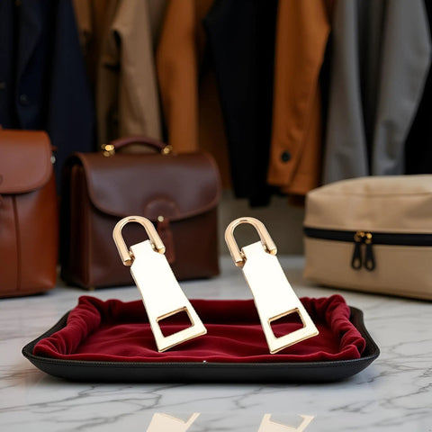 Two Pack Gold Zipper Pull Replacement Sliders for luggage and coats on red tray